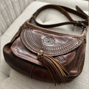 Patricia Nash Tooled Leather Brown Adjustable Beaumont Flap Boho Crossbody Bag
